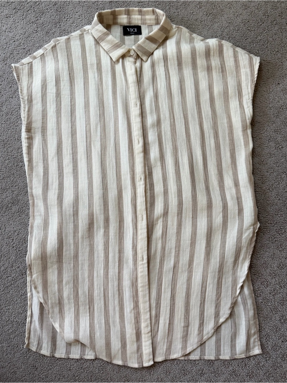 VICI Cream and Tan Striped Button-Front Swim Coverup